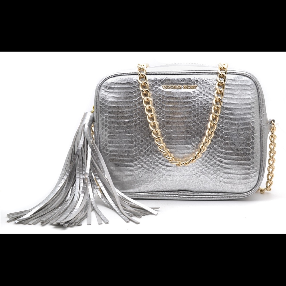 LOT 2 Victoria's Secret SilverMetallic CrossbodyBag FauxLeather ChainStrapTassel